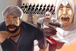  3boys ^^^ altair_ibn_la-ahad assassin&#039;s_creed assassin&#039;s_creed_(series) bad_id bad_pixiv_id beard brown_gloves chasing commentary_request concealed_weapon constricted_pupils crying crying_with_eyes_open facial_hair fingerless_gloves gloves helm helmet hidden_blade_(assassin&#039;s_creed) hood koroshiya_ichi male_focus multiple_boys open_mouth pants parody running runny_nose sash snot stubble sweat takeda_kanryuusai tears turban vambraces weapon 