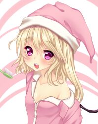  blonde_hair blush collarbone commentary_request fangs female flandre_scarlet hat highres kiyomin looking_at_viewer nightcap off_shoulder open_mouth pajamas pink_eyes side_ponytail solo toothbrush touhou wings 