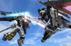  battle blade_catching cloud commentary_request day destiny_gundam glint glowing gundam gundam_seed gundam_seed_destiny mecha no_humans photoshop_(medium) robographer robot shield sky strike_freedom_gundam sword weapon wings 