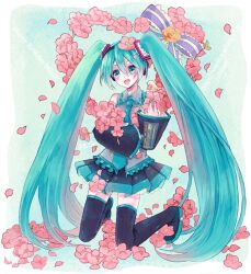  aqua_eyes aqua_hair bird boots commentary_request detached_sleeves female hatsune_miku kitoracon kneeling long_hair necktie open_mouth petals skirt solo thigh_boots thighhighs twintails very_long_hair vocaloid wreath 