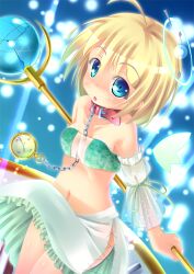  animal_collar blonde_hair blue_eyes blush buckle chains collar collarbone copyright_request cross-laced_clothes cross-laced_skirt female halo midriff navel photoshop_(medium) sekine_irie short_hair side_slit skirt skirt_flip solo staff stomach tareme watch 