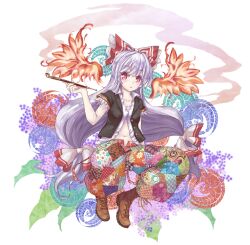  :&lt; alternate_costume bad_id bad_pixiv_id boots bow cross-laced_footwear dress_shirt female fujiwara_no_mokou grey_hair hairbow kiseru long_hair mumulatte navel pants red_eyes sarashi shirt smoking_pipe solo touhou very_long_hair wings 