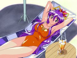  armpits arms_up artist_request breasts dancing_blade dithering drink drinking_straw female glass ice jpeg_artifacts large_breasts long_hair looking_at_viewer lying momohime_(dancing_blade) on_back one-piece_swimsuit orange_one-piece_swimsuit purple_eyes purple_hair scan smile solo swimsuit table 