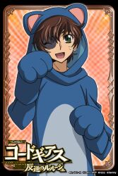  1boy alternate_costume animal_costume animal_ears animal_hands animal_hood artist_request brown_hair cat_hood cat_paws code_geass cosplay gloves green_eyes hood hoodie kururugi_suzaku looking_at_viewer male_focus official_art one_eye_closed orange_background paw_gloves paw_pose smile solo whiskers 