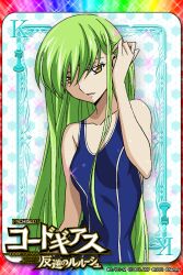  artist_request ashford_academy_swimsuit c.c. card_(medium) checkered_background chess_piece code_geass female green_hair hand_in_own_hair long_hair looking_at_viewer official_art one-piece_swimsuit school_swimsuit solo swimsuit yellow_eyes 