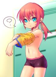  1boy ? bad_id bad_pixiv_id black_male_underwear blue_eyes boxer_briefs bulge cowboy_shot edging_underwear highres inazuma_eleven_(series) inazuma_eleven_go kirino_ranmaru long_hair male_focus male_underwear navel otoko_no_ko pink_hair soccer_uniform solo sportswear springpoppy sweat twintails underwear undressing 