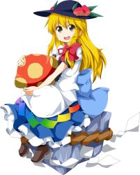  black_eyes blonde_hair commentary_request cosplay female food fruit hat hinanawi_tenshi hinanawi_tenshi_(cosplay) kirisame_marisa long_hair mushroom new_super_marisa_land peach ruu_(tksymkw) solo touhou 