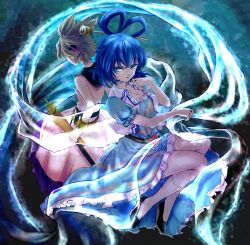  2girls belt blue_eyes blue_hair bracelet breasts brown_hair cleavage commentary_request dress earmuffs flower furorida hair_ornament hair_rings hair_stick highres jewelry kaku_seiga medium_breasts multiple_girls ritual_baton scabbard shawl sheath short_hair touhou toyosatomimi_no_miko vest 