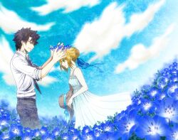  1boy ahoge alternate_costume artoria_pendragon_(fate) bare_arms black_hair black_necktie blonde_hair blue_flower blue_sky casual cloud collared_shirt commentary_request day deepool dress emiya_kiritsugu fate/zero fate_(series) female field flower flower_field flower_wreath from_side hair_ribbon hat head_wreath holding holding_clothes holding_hat lens_flare necktie nemophila_(flower) outdoors profile putting_on_headwear ribbon saber_(fate) shirt sky sleeveless sleeveless_dress sleeves_rolled_up straw_hat sun_hat sundress unworn_hat unworn_headwear white_dress white_shirt 