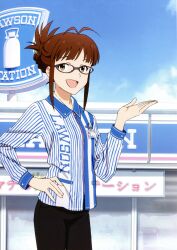  absurdres ahoge akizuki_ritsuko brown_eyes brown_hair day employee_uniform female folded_ponytail glasses hand_on_own_hip happy highres idolmaster idolmaster_(classic) lawson official_art open_mouth scan short_hair sky takata_akira uniform 