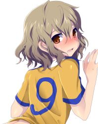  1boy blush from_behind inazuma_eleven_(series) inazuma_eleven_go looking_back male_focus mataro_(matarou) open_mouth orange_eyes raimon raimon_soccer_uniform shindou_takuto simple_background soccer_uniform solo sportswear white_background 