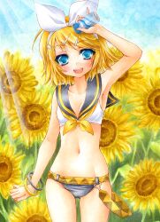  :d aoi_yuuka_(ao_no_kokoro) arm_up armpits ass_visible_through_thighs bangle bare_shoulders belt blonde_hair blue_eyes blush bracelet breasts can can_to_forehead cleavage commentary_request female flower hairband holding jewelry kagamine_rin navel open_mouth school_uniform serafuku short_hair small_breasts smile solo sunflower sunlight vocaloid 