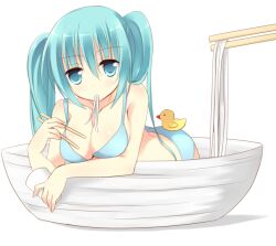  aqua_eyes aqua_hair bad_id bad_pixiv_id blue_bra bowl bra breasts chopsticks cleavage eating female food hatsune_miku in_bowl in_container in_food large_breasts long_hair mini_person minigirl noodles panties rubber_duck simple_background solo sumisaki_yuzuna underwear underwear_only vocaloid white_background 