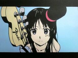  akiyama_mio bass_guitar black_eyes black_hair blunt_bangs closed_mouth commentary_request don&#039;t_say_&quot;lazy&quot; female fender_musical_instruments_corporation gloves hat hime_cut instrument k-on! letterboxed long_hair looking_at_viewer mini_hat mini_top_hat monsutahanta portrait simple_background smile solo top_hat 