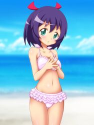  bikini blush commentary_request female green_eyes image_sample nicoseiga_sample own_hands_together purple_hair short_hair sister_quest solo stella_(sister_quest) swimsuit takappe white_bikini 