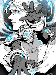  2boys aqua_theme blue_eyes blue_theme dual_persona epaulettes glowing glowing_eyes helmet keith_goodman monochrome multiple_boys power_suit sky_high_(tiger_&amp;_bunny) spot_color superhero_costume tegaki tiger_&amp;_bunny wind zihad 