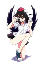  adapted_costume banned_artist bare_legs black_hair black_wings camera converse full_body hat kneeling looking_at_viewer red_eyes shameimaru_aya shoes short_hair short_sleeves smile sneakers solo suisen tokin_hat touhou white_background wings yuu-gi-ou 