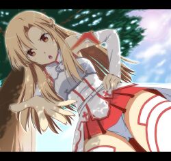  :o armor asuna_(sao) braid breastplate brown_eyes brown_hair cloud commentary_request day detached_sleeves female from_below hand_on_own_hip lens_flare letterboxed long_hair looking_at_viewer looking_down nori_tamago open_mouth outstretched_hand panties pantyshot perspective photoshop_(medium) pov sky solo sunlight sword_art_online thighhighs tree tree_shade underwear upskirt v-shaped_eyebrows white_panties white_thighhighs 