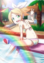  aqua_eyes bad_id bad_pixiv_id bikini blonde_hair day female hair_ornament hair_ribbon hairclip kagamine_rin looking_at_viewer looking_back nekota_susumu open_mouth outdoors pool project_diva_(series) project_diva_f ribbon short_hair smile solo summer_idol_(vocaloid) swimsuit swimwear_(module) v vocaloid water 