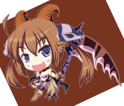  artist_request baphomet baphomet_(mamono_girl_lover) baphomet_(monster_girl_encyclopedia) blush brown_hair chibi female gokurakutensi hair_ornament horns mamono_girl_lover monster_girl monster_girl_encyclopedia purple_eyes scythe skull skull_hair_ornament solo weapon 