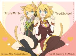  2girls animal_ears bad_id bad_pixiv_id black_legwear blonde_hair blue_eyes cat_ears cat_tail clone comic_sans hair_ornament hairclip kagamine_rin kemonomimi_mode kuuga_(cf) multiple_girls necktie open_mouth pantyhose photoshop_(medium) project_diva_(series) project_diva_f remote_control_(vocaloid) short_hair skirt smile tail trad_school_(module) transmitter_(module) vocaloid yellow_necktie 