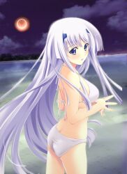  absurdres ass bikini blush cowboy_shot eclipse female from_side hair_ornament highres inia_sestina light_purple_hair long_hair looking_at_viewer looking_back miyata_sou muv-luv own_hands_together parted_lips purple_eyes scan sidelocks solo steepled_fingers swimsuit very_long_hair white_bikini 