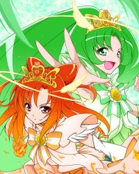  2girls bow bow-shaped_hair choker commentary_request cure_march cure_march_(princess_form) cure_sunny cure_sunny_(princess_form) elbow_gloves fire gloves green_eyes green_hair halo head_wings hino_akane_(smile_precure!) kuon_(nokokopopo) long_hair magical_girl midorikawa_nao multiple_girls open_mouth orange_choker orange_hair ponytail precure red_eyes smile smile_precure tiara tri_tails wind wings 