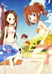  6+girls :d absurdres ahoge akizuki_ritsuko amami_haruka arm_up barefoot beach beach_towel beach_umbrella bikini black_hair blonde_hair blue_eyes blue_hair blush brown_hair cloud day feet forehead ganaha_hibiki hairband hand_to_own_mouth high_ponytail highres holding hoshii_miki idolmaster idolmaster_(classic) inflatable_dolphin inflatable_toy innertube kisaragi_chihaya leg_up long_hair minase_iori multiple_girls navel ocean one-piece_swimsuit open_mouth outdoors photoshop_(medium) ponytail red_eyes scan shijou_takane short_hair sky smile soles sweatdrop swim_ring swimsuit takatsuki_yayoi toes towel twintails umbrella water white_hair yamane_masato 