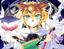  armor bishamonten&#039;s_pagoda black_hair blonde_hair commentary_request female green_eyes hair_ornament looking_at_viewer multicolored_hair polearm solo sunatoshi toramaru_shou touhou trident two-tone_hair weapon 