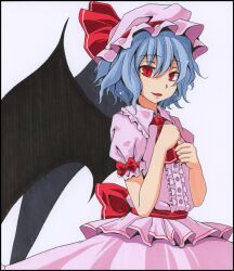  ascot bad_id bad_pixiv_id ballpoint_pen_(medium) bat_wings blue_hair border female hands_on_own_chest hat hat_ribbon light_smile marker_(medium) open_mouth puffy_sleeves red_eyes remilia_scarlet ribbon shikishi shirt short_hair short_sleeves skirt skirt_set solo touhou traditional_media tsukishiro_saika upper_body wings 