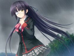  :o eyepatch female game_cg hair_ribbon koshiki_miyuki little_busters! long_hair outdoors pantyhose purple_hair rain ribbon school_uniform skirt sky solo yellow_eyes 