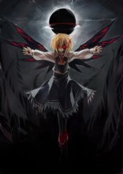  black_wings blonde_hair commentary_request dress ex-rumia female frills highres looking_at_viewer outstretched_arms photoshop_(medium) red_eyes rumia solo spark621 touhou wings 