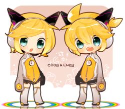  1boy animal_ears aqua_eyes blonde_hair brother_and_sister chibi commentary_request fake_animal_ears female headphones kagamine_len kagamine_rin mami_(sweetcandy) odds_&amp;_ends_(vocaloid) open_mouth short_hair siblings twins vocaloid 