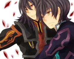  2boys abs armor black_hair brown_eyes coat gaias gaius_(tales) jude_mathis male male_focus multiple_boys muscle red_eyes short_hair tales_of_(series) tales_of_xillia 