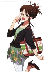  ;d absurdres akizuki_ritsuko antenna_hair bag brown_eyes brown_hair female floral_print folded_ponytail glasses handbag happy high_heels highres idolmaster idolmaster_(classic) jacket nishigori_atsushi official_art one_eye_closed open_mouth pants photoshop_(medium) scan shoes short_hair skirt smile watch 