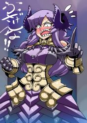  armor armored_dress bare_shoulders blush bracer breasts clenched_hand commentary_request corset demon_girl elbow_gloves faulds female gloves hair_over_one_eye highres horns jewelry large_breasts long_hair necklace nise_maou_kanizeru nose_blush open_mouth pointing pointing_up purple_hair sharp_teeth solo teeth translated tukiwani yuusha_to_maou 