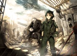  1boy android bad_id bad_pixiv_id bag black_eyes brown_hair building cloud cyberpunk cyborg gloves gun hood jacket jumpsuit kgr mecha original photoshop_(medium) rifle robot ruins science_fiction short_hair skull sky soldier spacecraft weapon 