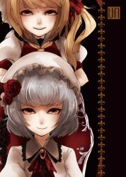  2girls ascot bad_id bad_pixiv_id black_background blonde_hair brooch chair fangs flandre_scarlet flower grey_hair hat highres jewelry looking_at_viewer memai multiple_girls parted_lips photoshop_(medium) red_eyes remilia_scarlet rose short_hair siblings side_ponytail sisters smile touhou 