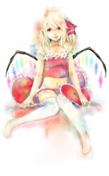  adapted_costume bad_id bad_pixiv_id bare_shoulders blonde_hair female flandre_scarlet full_body highres no_headwear no_shoes patchouligo pillow red_eyes sitting smile solo teenage thighhighs touhou white_thighhighs wings zettai_ryouiki 