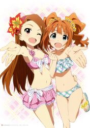  2girls :d ;d absurdres bikini blue_eyes blush brown_hair flower hairband happy highres idolmaster idolmaster_(classic) long_hair minase_iori multiple_girls official_art one_eye_closed open_mouth outstretched_hand photoshop_(medium) plaid plaid_bikini polka_dot polka_dot_bikini polka_dot_swimsuit red_eyes sandals short_hair smile swimsuit takatsuki_yayoi twintails yamaguchi_satoshi 