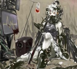  .flow amplifier bad_id bad_pixiv_id blood blood_bag blood_on_weapon cyborg female highres intravenous_drip iv_stand lead_pipe monitor prosthesis red_eyes respirator sabitsuki shigure_shou sitting solo weapon white_hair 