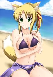  animal_ears beach bikini blonde_hair breast_hold breasts cleavage cloud commentary_request day dog_days female fox_ears fox_tail fuuma_nagi green_eyes hair_ribbon horizon large_breasts md5_mismatch navel ocean outdoors ponytail print_sarong purple_sarong ribbon sarong sky smile solo sweat swimsuit tail tail_raised yukikaze_panettone 