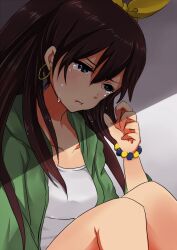  black_hair blue_eyes commentary_request crying crying_with_eyes_open earrings female ganaha_hibiki idolmaster idolmaster_(classic) jewelry long_hair masaki_(celesta) ponytail ribbon tears 