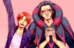  2boys :&gt; ^_^ bad_id bad_pixiv_id black_eyes black_hair blush closed_eyes confetti fate/zero fate_(series) gilles_de_rais_(caster)_(fate) jacket male_focus multiple_boys orange_hair purple_jacket uryuu_ryuunosuke usagida 