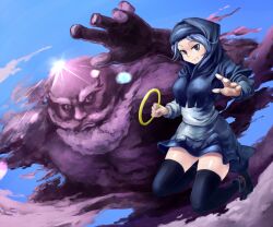  bad_id bad_pixiv_id beard black_legwear blue_eyes blue_hair cloud day facial_hair female grin hood jewelry kumoi_ichirin long_sleeves moustache ring short_hair sky smile thighhighs touhou unzan yagi_(sinnsyou) 