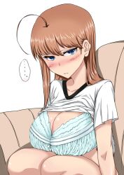  ahoge annoyed blue_bra blue_eyes blush bra breasts brown_hair cleavage clothes_lift commentary_request female highres huge_breasts komusou_(jinrikisha) large_breasts long_hair ooba_minori original photoshop_(medium) shirt_lift solo underwear 