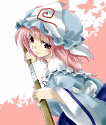  commentary_request female grin hat katana pink_eyes pink_hair saigyouji_yuyuko smile solo sword touhou triangular_headpiece unya weapon 