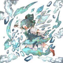  bad_id bad_pixiv_id barefoot blue_eyes blue_hair bow cirno dress female hairbow highres ice ice_wings itomugi-kun open_mouth puffy_sleeves short_hair short_sleeves solo touhou wings 