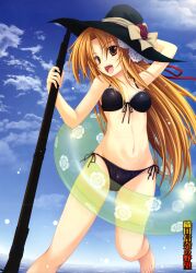  absurdres antique_firearm arquebus barefoot bikini blonde_hair brown_eyes crease duplicate female firearm fixed gun hat highres innertube long_hair miyama-zero navel ocean oda_nobuna oda_nobuna_no_yabou official_art rifle scan side-tie_bikini sky solo swimsuit water weapon 