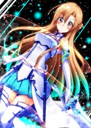  alternate_color armor asuna_(sao) bare_shoulders blush breastplate breasts brown_eyes brown_hair commentary_request detached_sleeves female gloves long_hair medium_breasts natsu_(anta_tte_hitoha) skirt solo sword sword_art_online thighhighs weapon white_thighhighs 